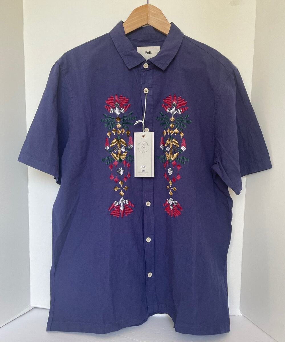 Folk Mens Camp Shirt Large Blue Cotton Linen Embroidered Short Sleeve